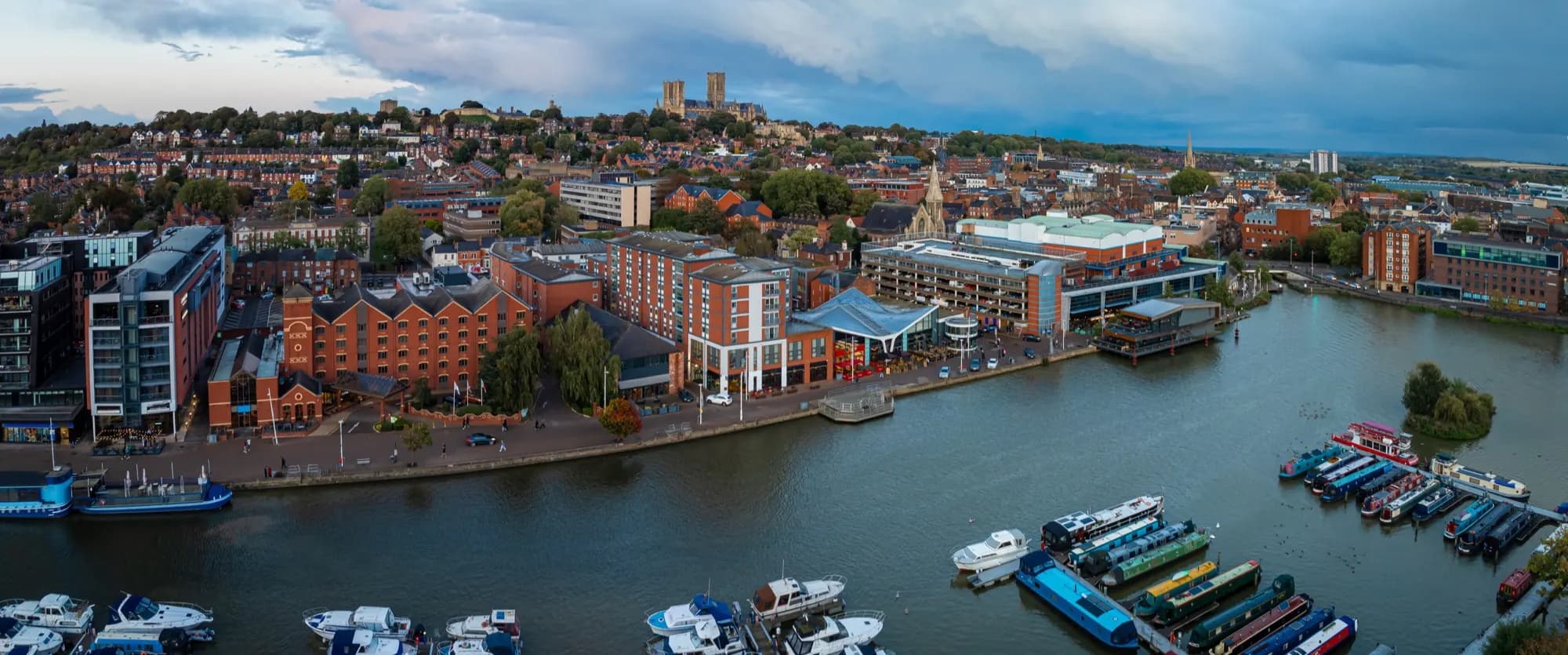 Lincoln seen from the Brayford, with the cathedral on the hill