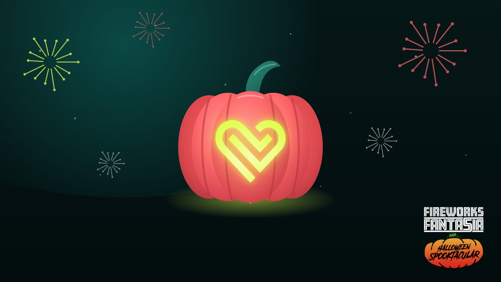 A carved pumpkin with the LoveLincoln heart cut into it, glowing against a night sky with fireworks
