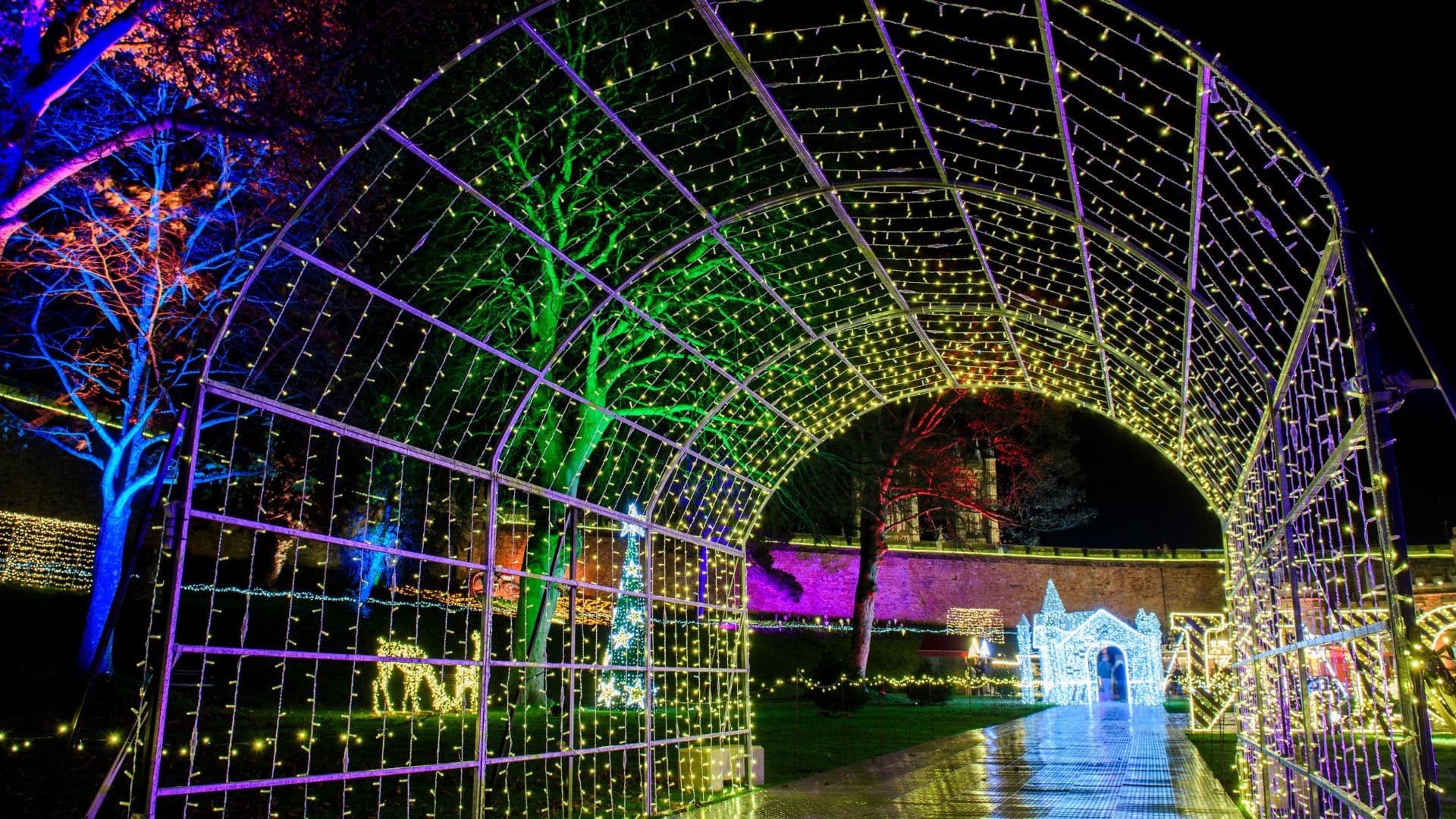 Picture shows a lit arch way, ice palace and illuminated trees in the grounds of Lincoln Castle. Lincoln Cathedral is pictured in the distance