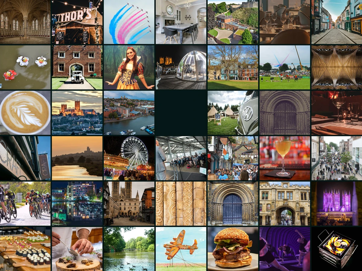 A mosaic of Lincoln: its streets, food, events and landmarks, with the LoveLincoln heart at its centre.